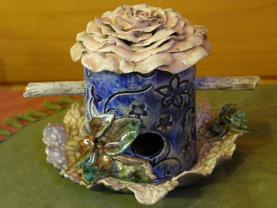 Romantic "Antique Rose"  -A Unique Raku Birdhouse by Jarita