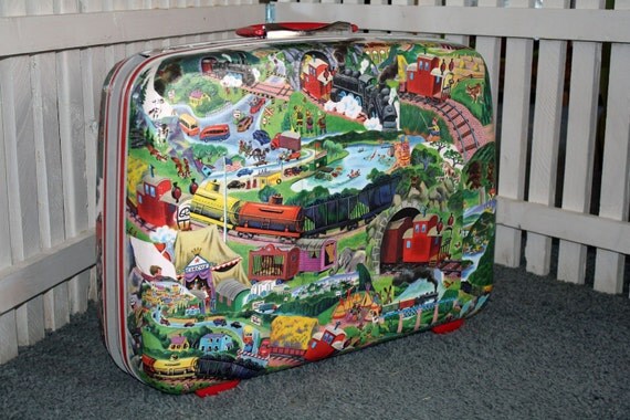 Vintage decoupage Child SUITCASE Firetruck train Little RED Caboose retro FREE Shipping
