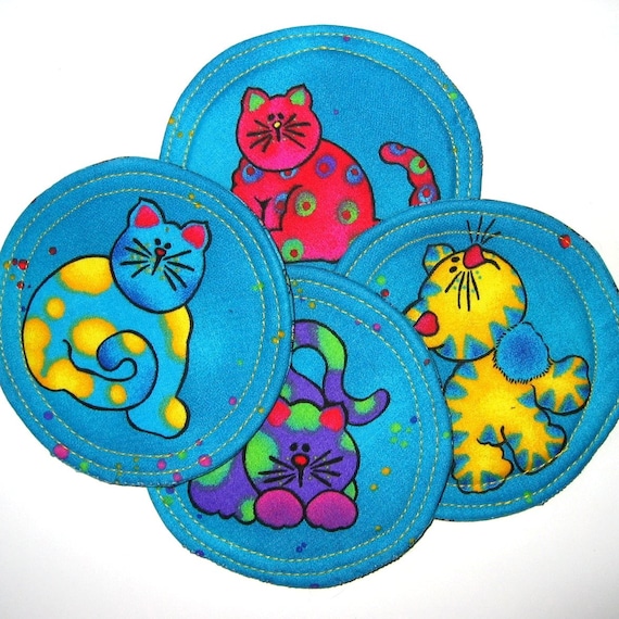 Four Reversable Cat Print Fabric Coasters