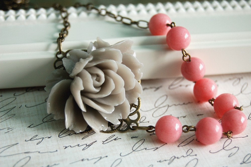 Asymmetrical Gray and Pink Rose Necklace
