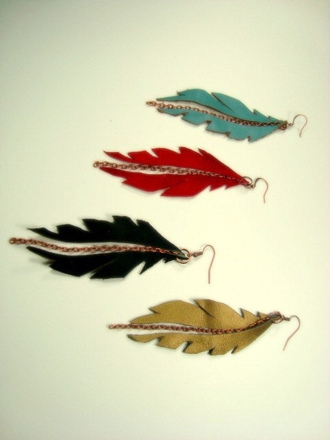 FLYING Feather Earrings - Recycled Leather, Vintage Copper Chain