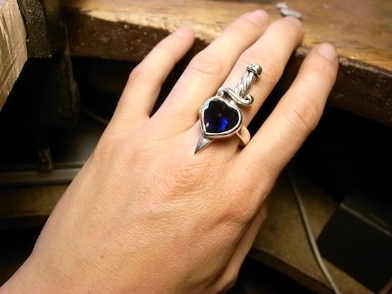 Sterling Silver Heart Stone with Dagger Ring (medium sized heart)