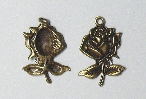 3 Pcs Antique Bronze Rose Stalk Charm Pendants