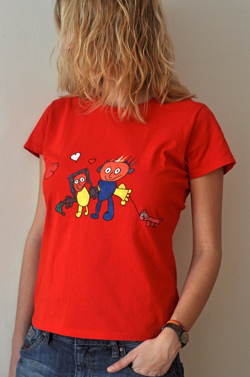 Walk of love- Handpainted red medium size woman t-shirt