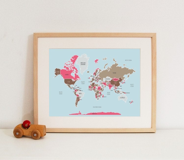 Large World Map in Pinks and Browns