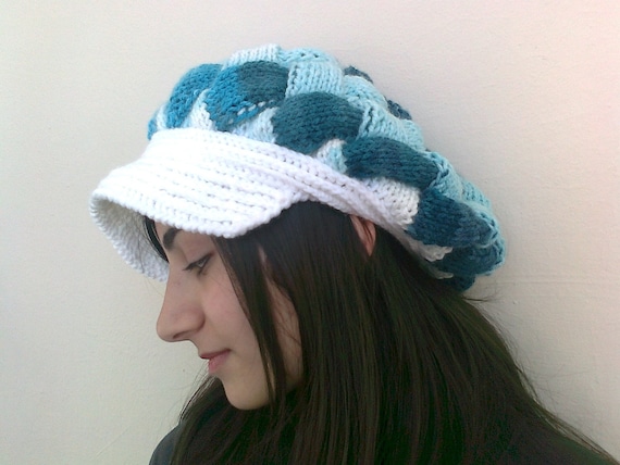 Shades of Turquoise Slouchy Newsboy Cap -Flower- Handmade-Knitted newsboy brimmed slouch hat
