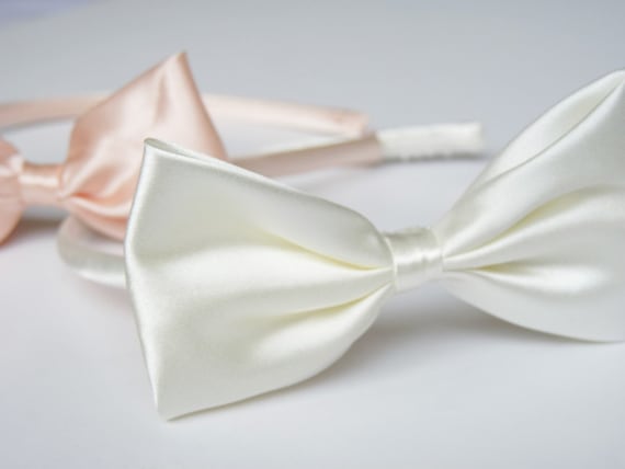 Two Satin Bow Alice Headbands in Snow White and Peach Color