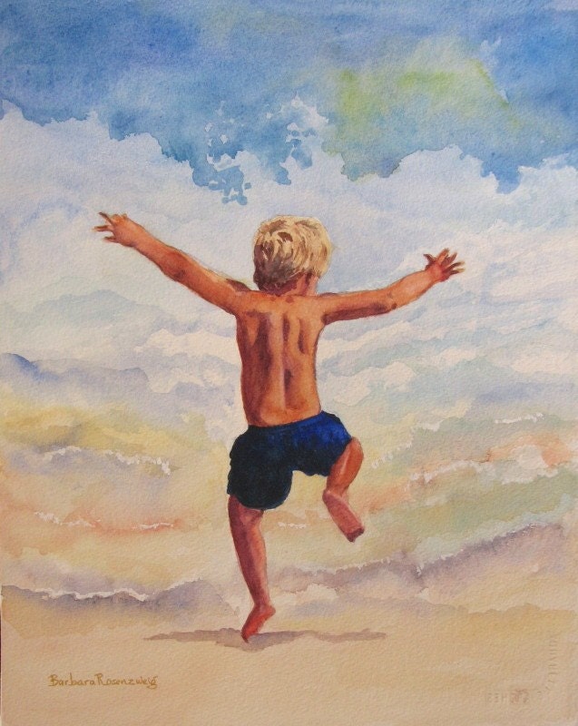 Boy into the Surf Art: Limited Ed Watercolor Print 11x14