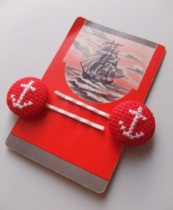 Cross-stitch anchor bobby pins with vintage nautical playing card