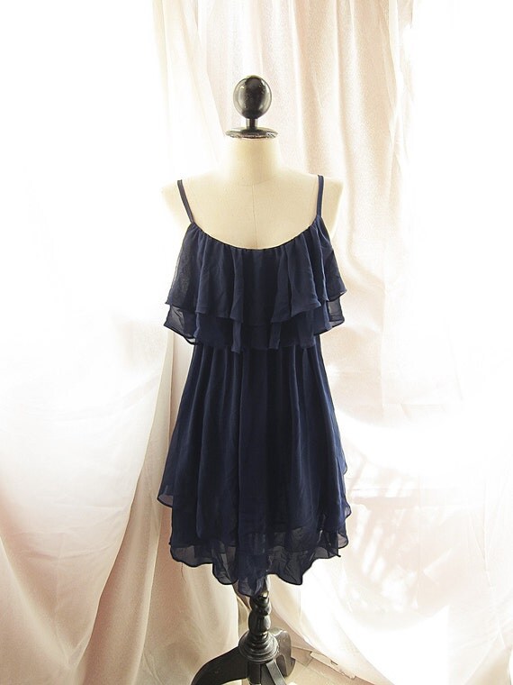 Midsummer Night Dream Romantic Vintage Quaint Midnight Prussian Blue Chiffon Flapper Dress