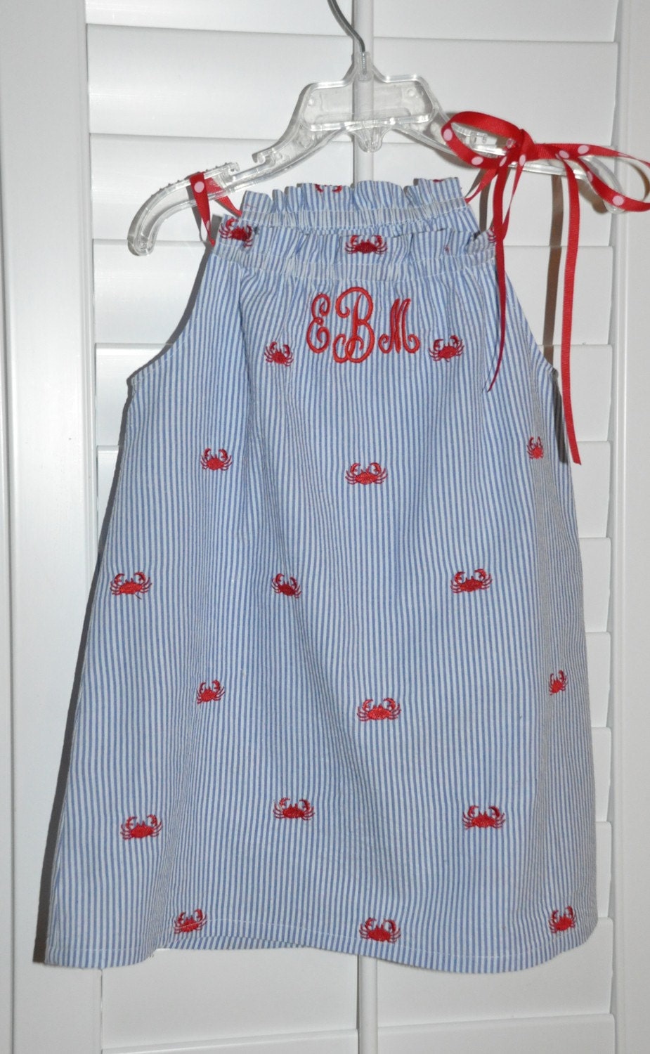 Crab Monogrammed Seersucker Dress Summer Beach Matching Sibling Boutique pillowcase Custom Maddie Kate