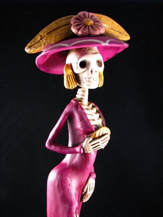 Mexican Day of the Dead Sculpture w/ Fuschia Gown & Fan