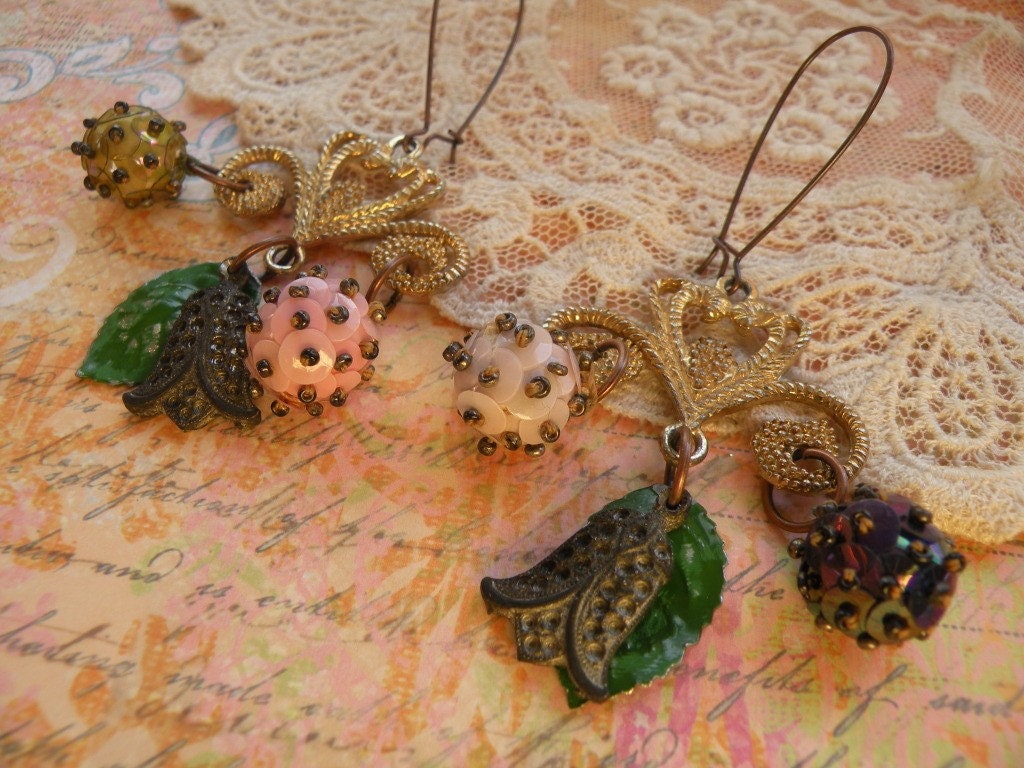FETCHING aged charm earrings vintage drops tulips sequin balls filigree ooak one of a kind shabby chic assemblage altered