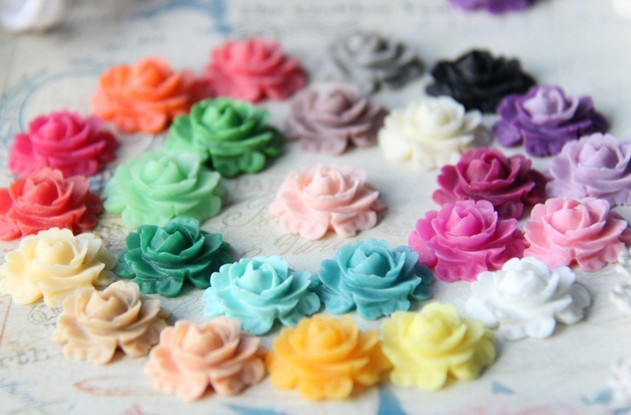 100 pcs 25 colors of flat plastic rose cabocon 20mm-grey/latte/turquoise/pearl lilac/