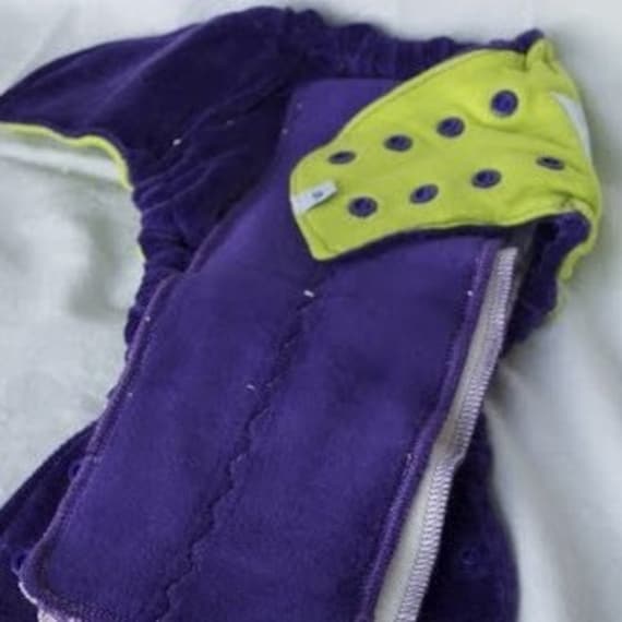 SALE fitted cloth diaper, lime and purple, fattycakes, size small SECOND