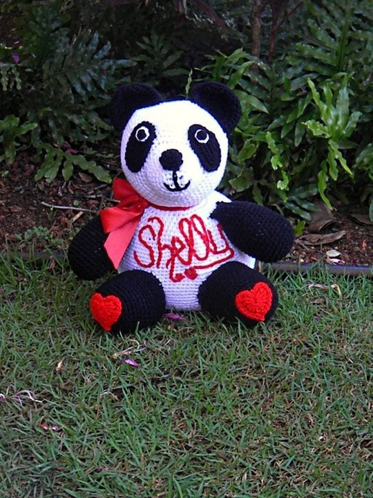 Crochet Stuffed Panda Bear with Hearts - Charity Item - Great Gift