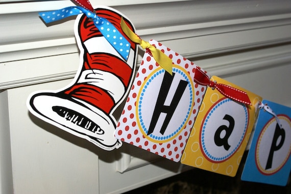 Dr. Seuss Cat in the Hat Inspired Happy Birthday Banner (Red, White, Yellow & Black) by Kidfully Celebrations