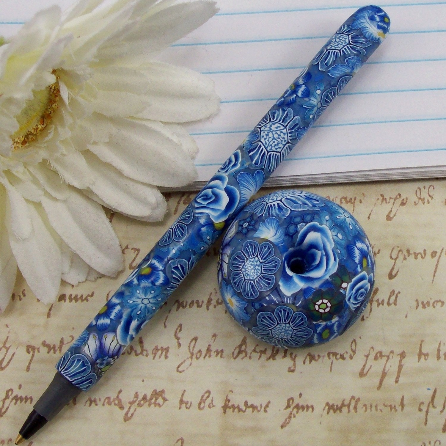 Handmade Polymer Clay Pen with Pen Holder , by CAG