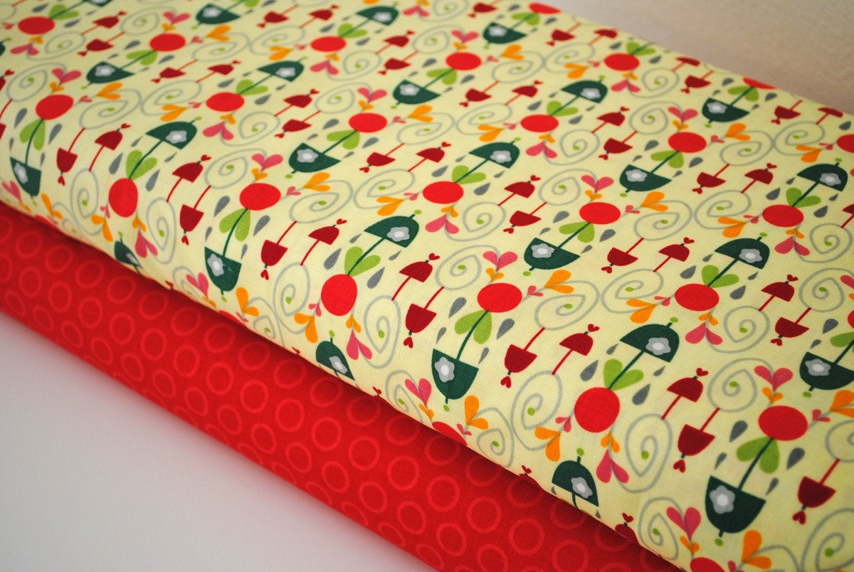 Rainy Days and Mondays Yellow Damask and Red Cheery Dots by Riley Blake 1 yard set of 2
