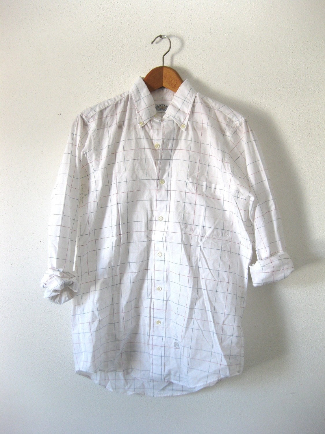 Vintage 80s 90s Classic White Shirt with Subtle Colorful Plaid Print