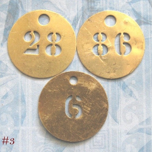 RaRe FRENCH STENCIL TAGS - Antique Victorian Round Brass Post Office Box Marker Tag Found Object Plate Plaque Number Numbered Diy Jewelry Pendant Assemblage