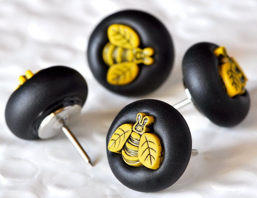 Busy Bee Pushpins in Black Polymer Clay