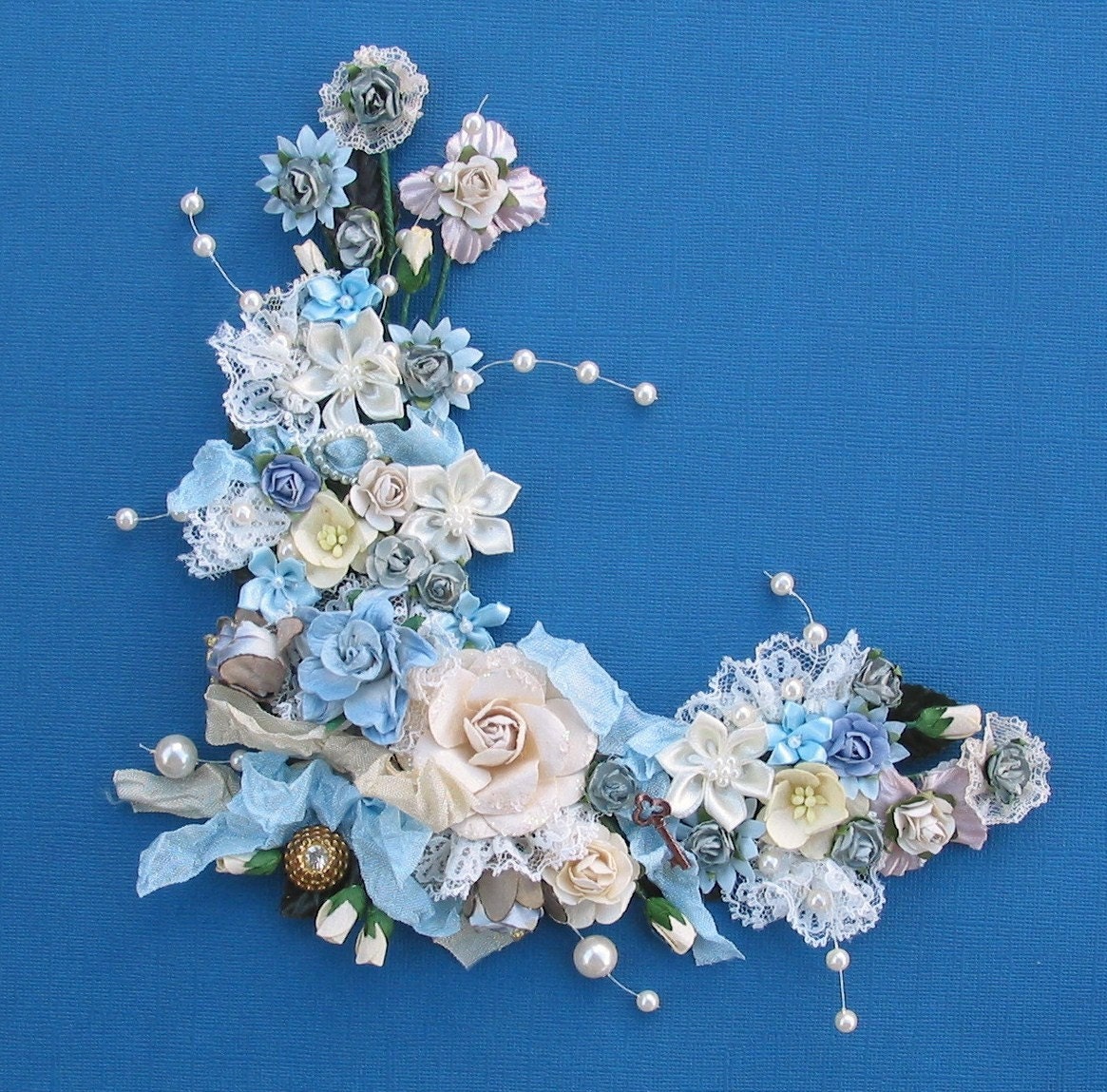 Blue Pearls and Lace Corner Bouquet for Scrapbooking