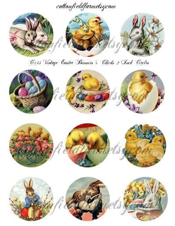 easter bunnies and chicks. Vintage Easter Bunnies and Chicks 2 inch Circles Digital Collage C-155 for Cupcake Toppers,Tags, Scrapbooking, Journaling Spots, Mini Tag Books, Decoupage