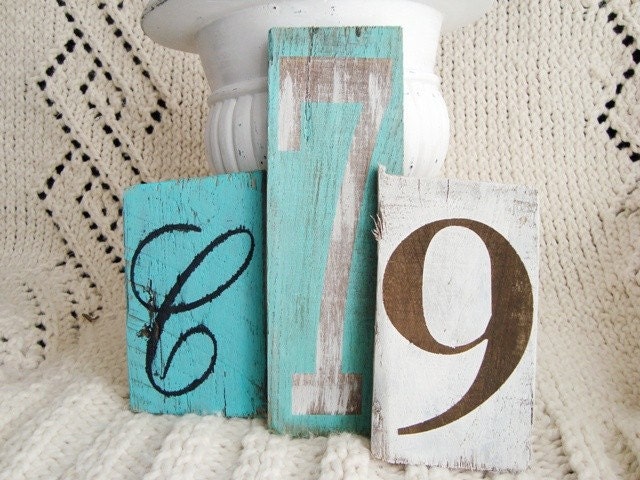 Number 7- seven in white and turquoise on reclaimed wood