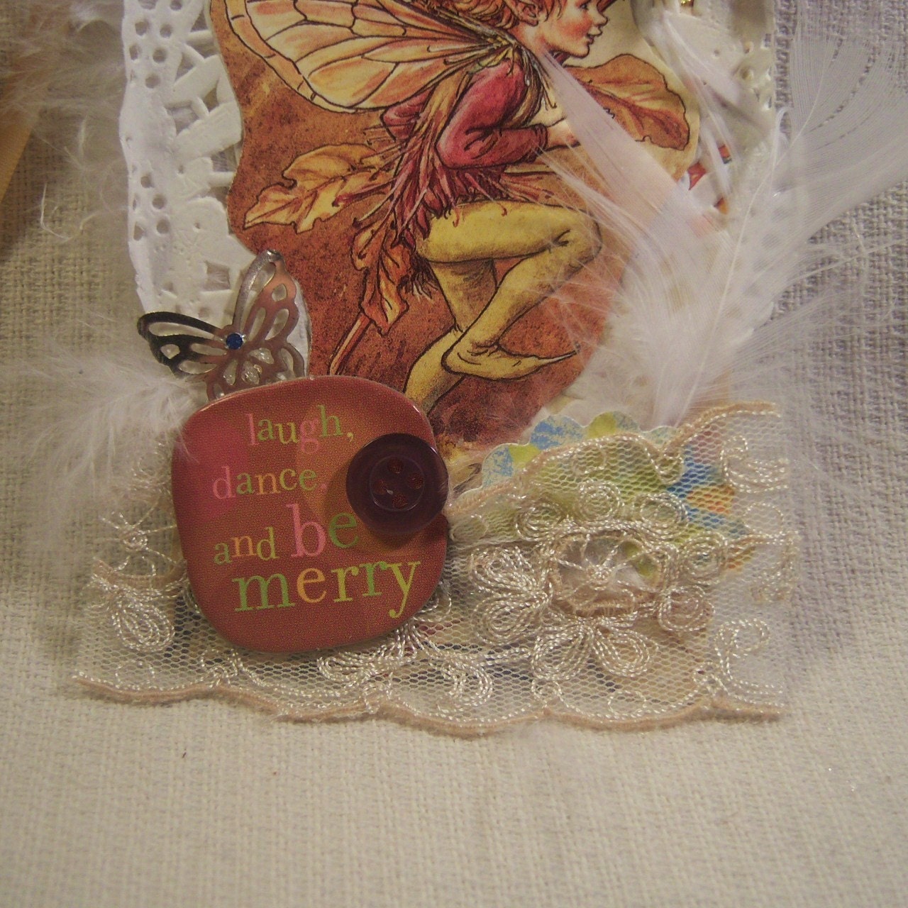 Laugh Dance Be Merry Shabby Vintage Hang Tag Fairy
