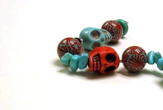 turquoise red Day of the Dead bracelet Skully's by cooljewelryJR silver