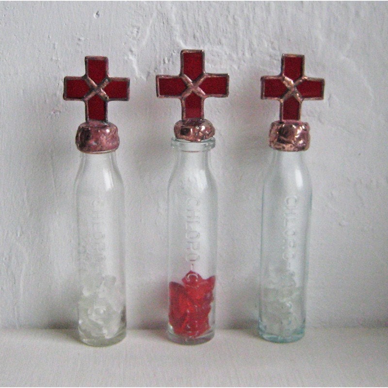 Pharmacy - trio of stained glass decorated vintage French pharmacy bottles