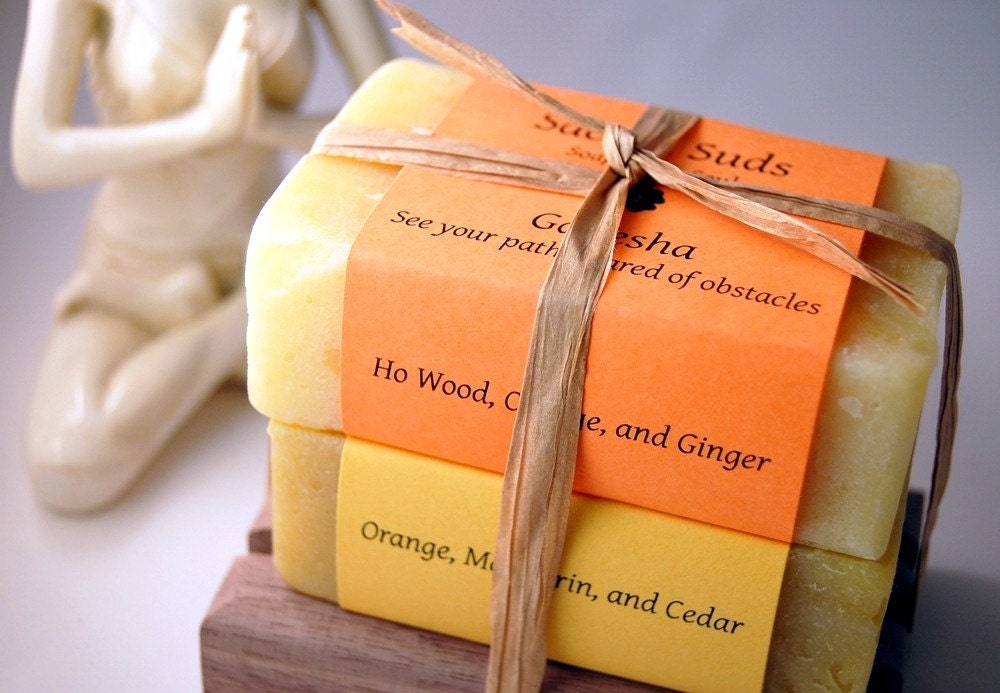 Yoga gift set of Om (Aum) and Ganesha, handmade citrus essential oil soaps (vegan, all natural).  Includes wooden self-draining soap dish and gift wrap.