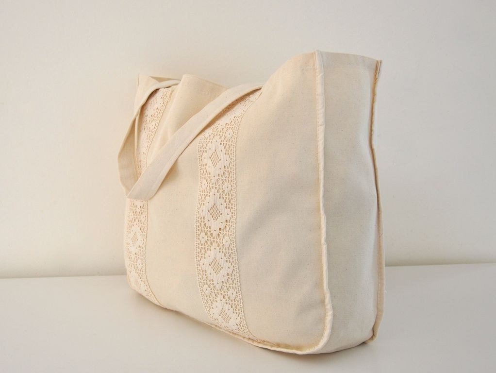 Handmade Natural Organic Cotton Eco Friendly Big Shopping Tote Bag with Lace