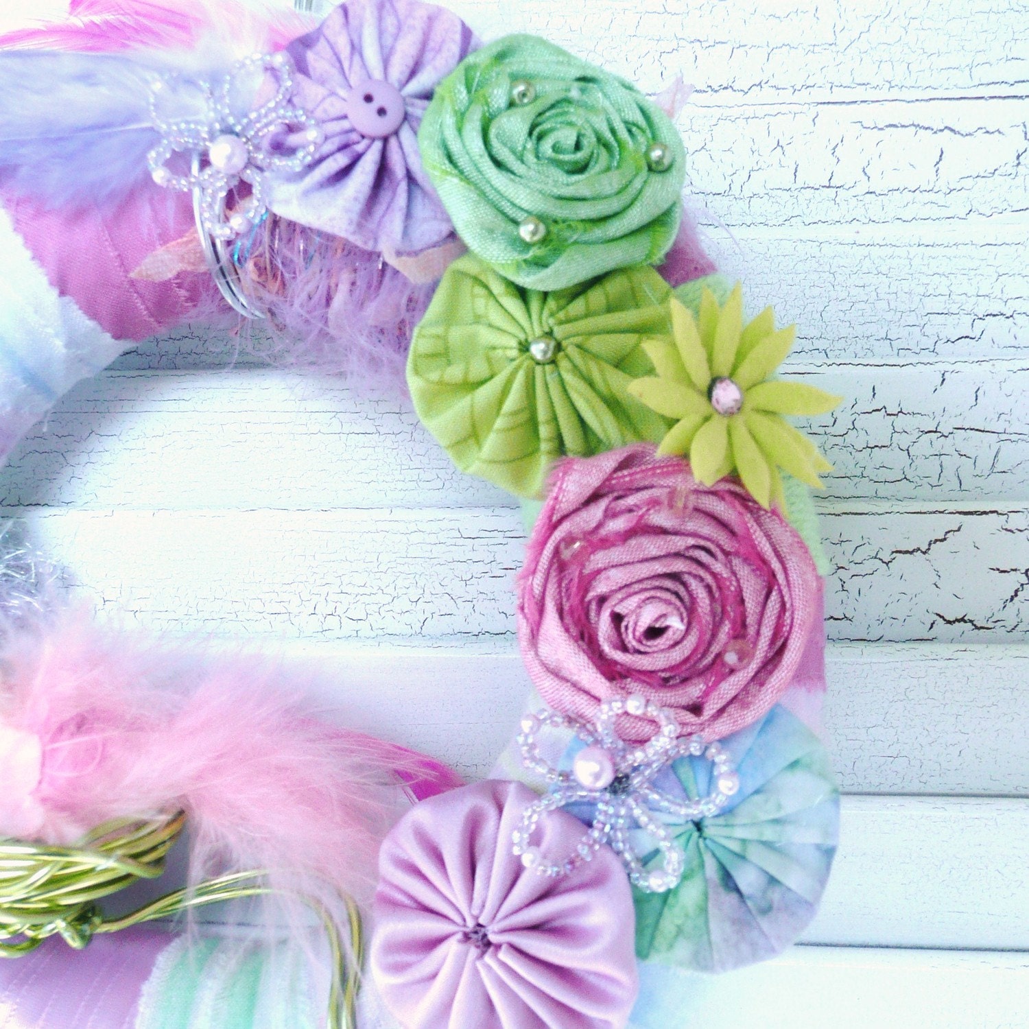 Spring Wreath with birds nest, Pastel fabric and Yarn with flowers