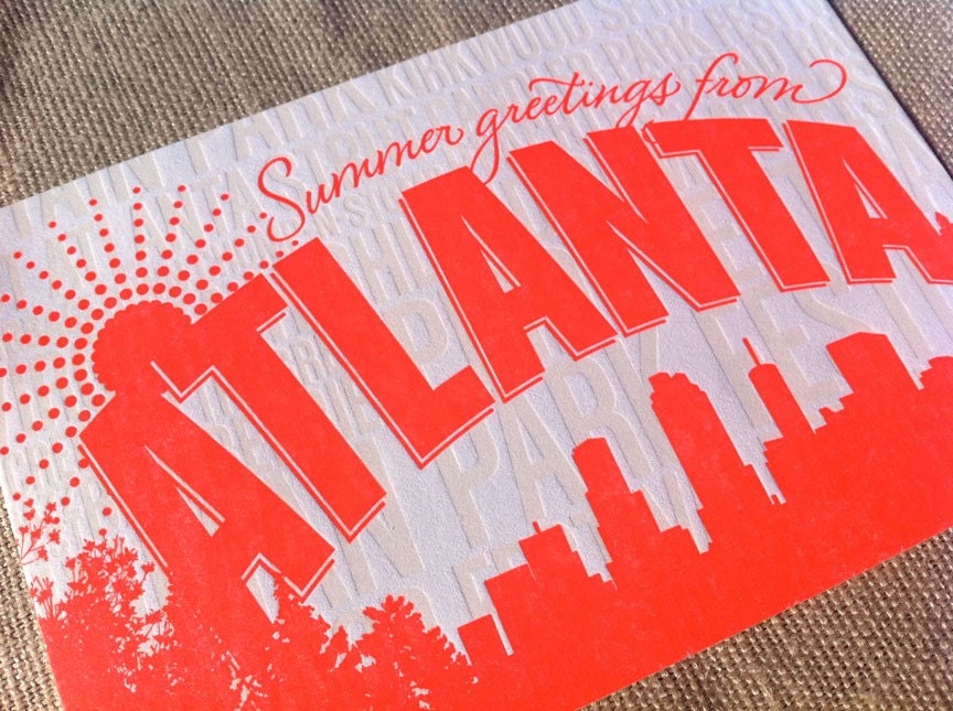 Atlanta Summertime Letterpress Postcard-- individual postcard - Fluorescent Red