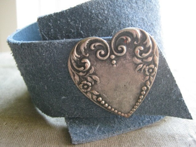 Soft Slouchy Suede Cuff Bracelet with Pewter Heart