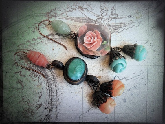 A Market of Fleas. Asymmetrical Coral and Turquoise Earrings.