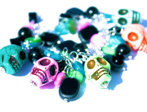 Chunky charm bracelet - bright skulls - black, pink, orange, blue, lime, turquoise