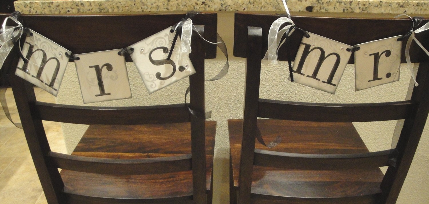 MR. and MRS. wedding chair hanger signs CUSTOMIZE to your wedding colors / Decorative rhinestones and ribbons