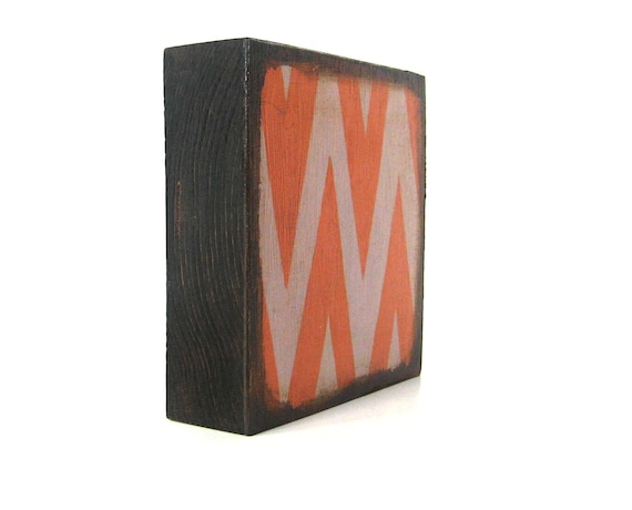 Zigzag Chevron 5x5 art block on wood Orange and Gray Geometric