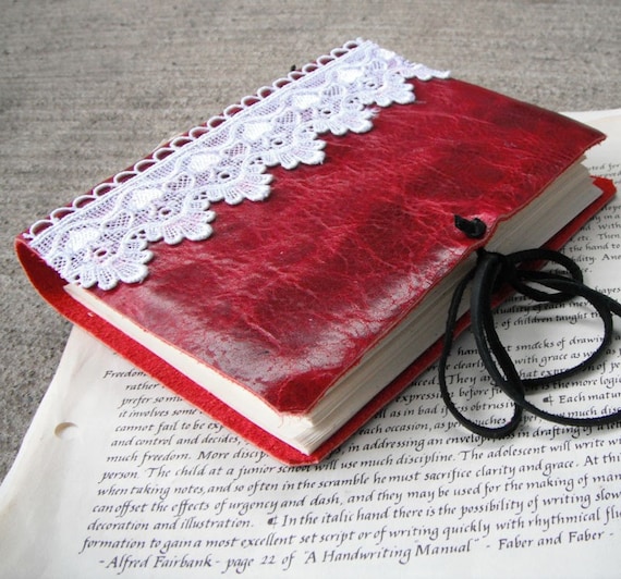 Crimson and Lace - red Italian leather journal with white lace and cream writing paper pages.