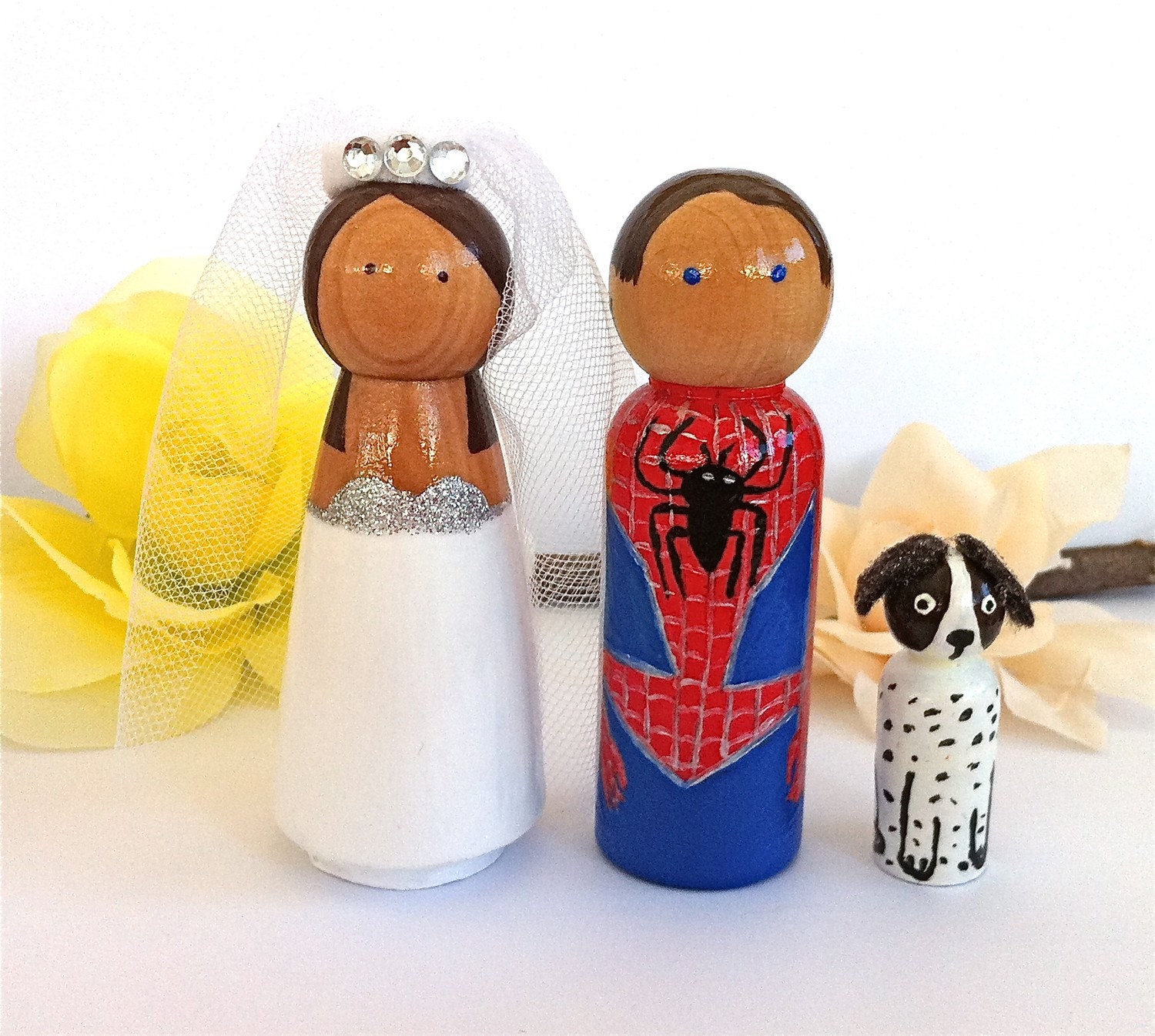 Custom Superhero and Bride 1 Pet Wood Wedding Cake Topper Spiderman Mary
