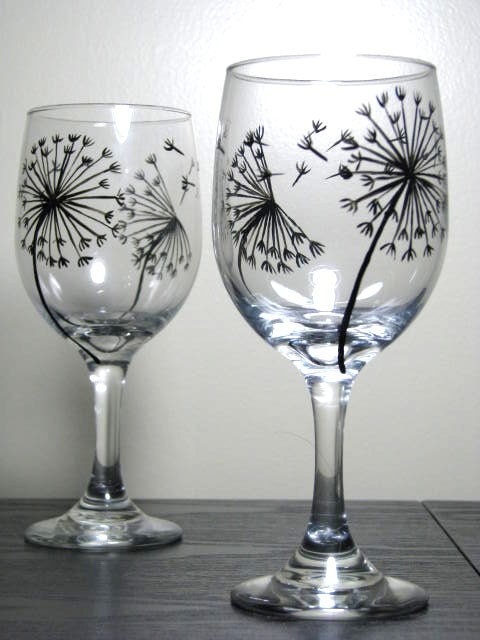 Hand Painted Wine Glasses- Dandelion Collection, Set of 2