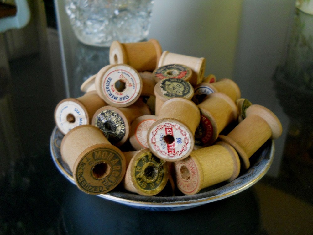 Vintage Bowl of Wooden Thread Spools 12