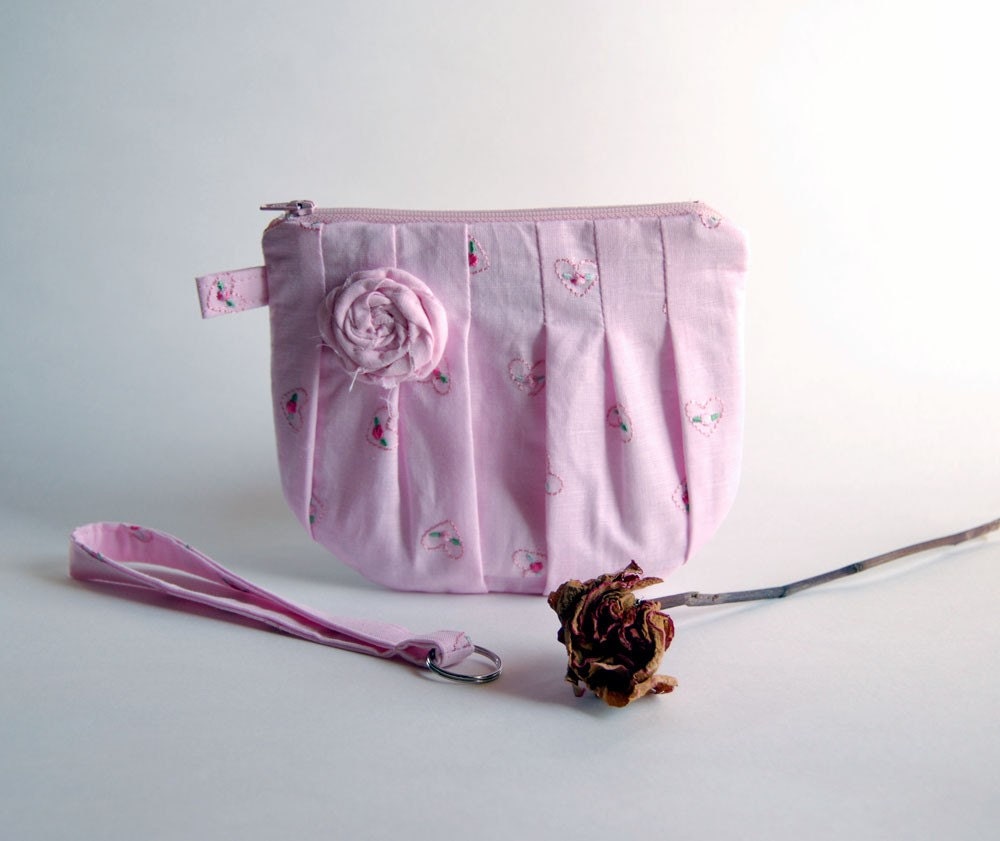 On Sale 15% OFF- Romantic Rosebud pleats in pink zippered pouch, purse, clutch, wristlet by Lolos