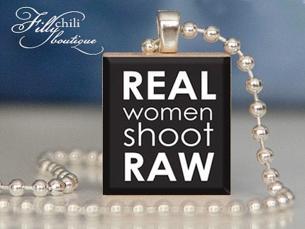 Real Woman Shoot Raw (Black) - Pendant from a Scrabble Game Tile with Ball Chain Necklace, handmade by Frilly Chili
