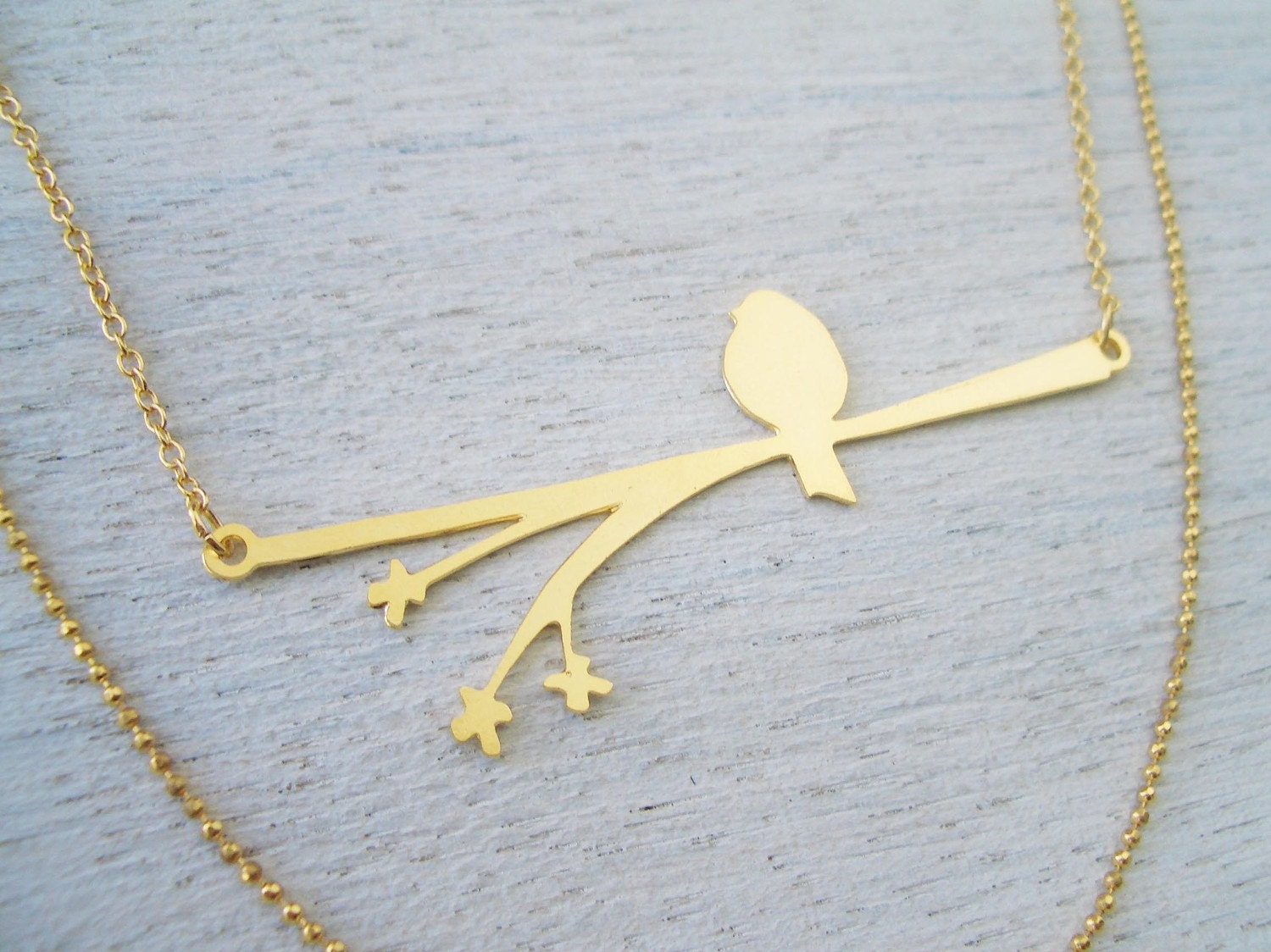 Bird on a Blooming Branch Necklace in Matte Gold - Mother's Day Sale