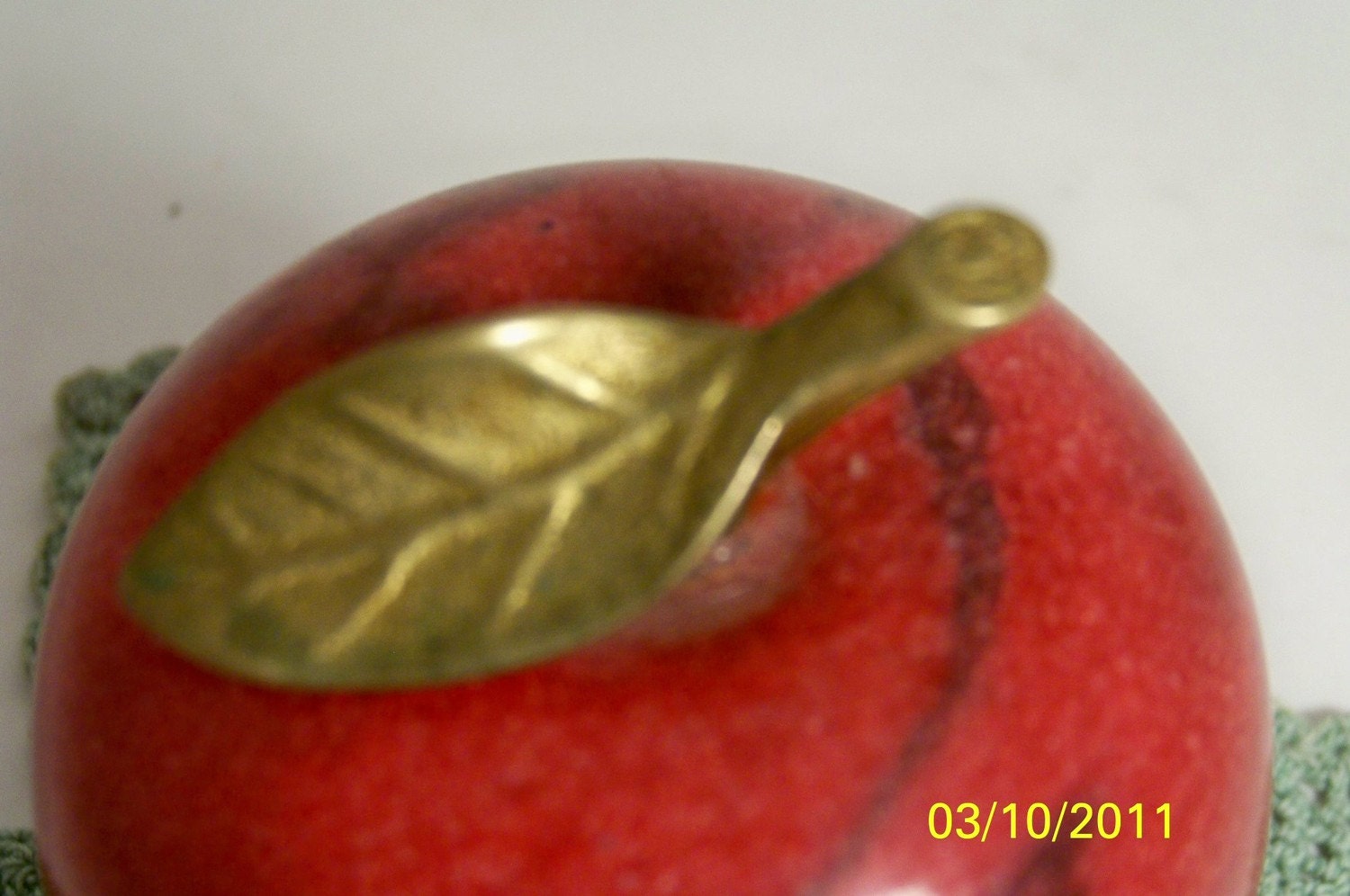 Multiple Listing Treasury Item Red Marble Apple Paperweight Brass Leaf
