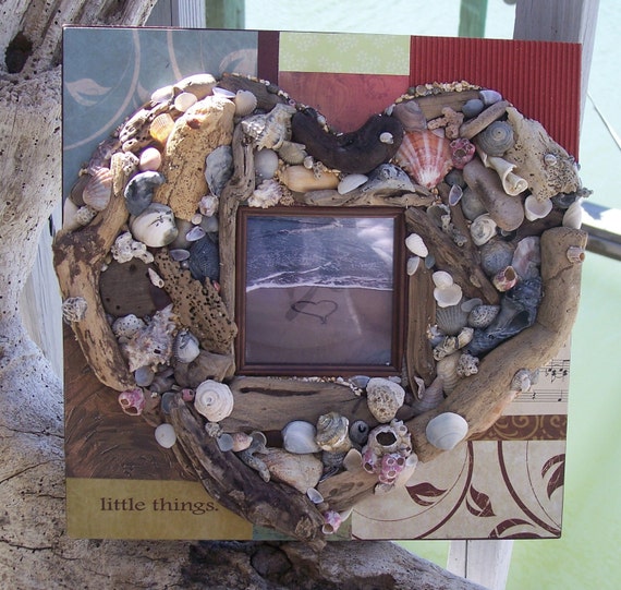 Handcrafted Patchwork Design Driftwood and Sea Shell HEART Picture Frame with original Fine Art Photography